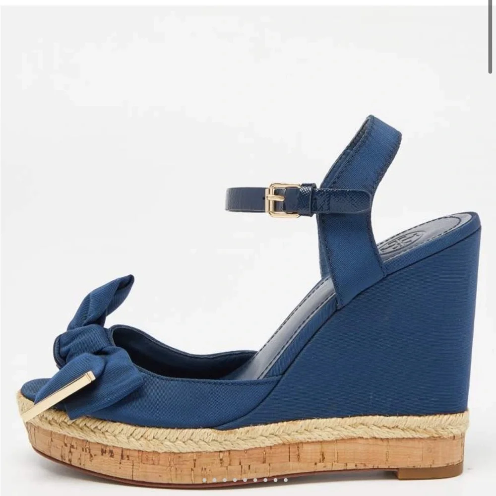 Tory Burch Blue Canvas and Leather Espadrille Wedge Ankle Strap Sandals
